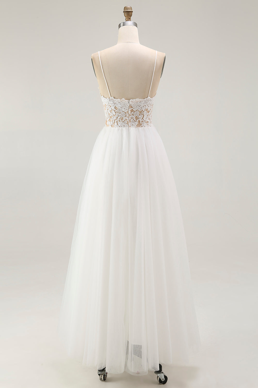 Lace White Tulle Spaghetti Straps A Line Tea Length Graduation Dress